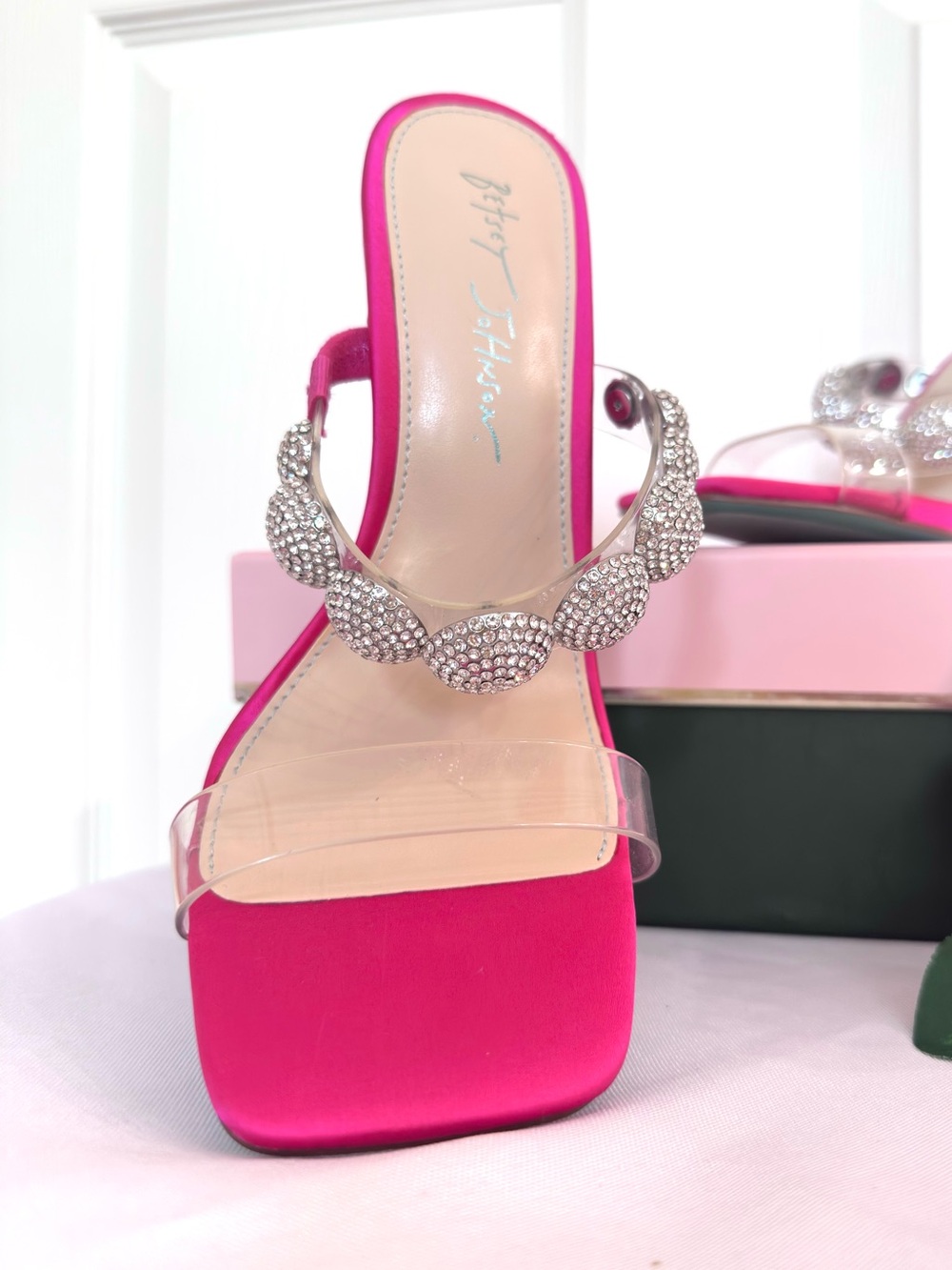 BETSEY JOHNSON ~ Pink Satin Acrylic Platform Shoes w/Silver Rhinestone Accents